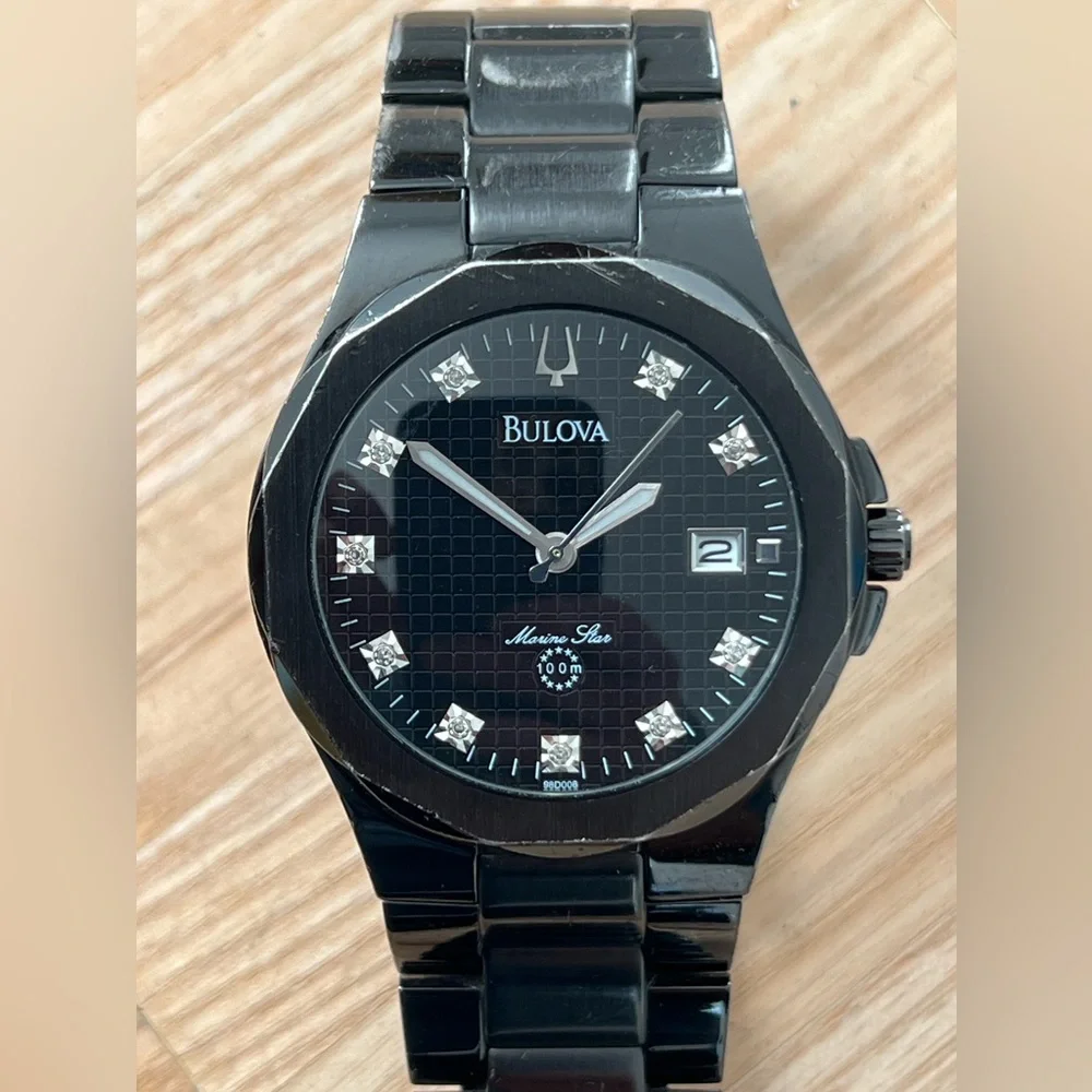 Bulova Marine Star Diamond Men’s Watch Black Dial, Case, Bracelet Date Window